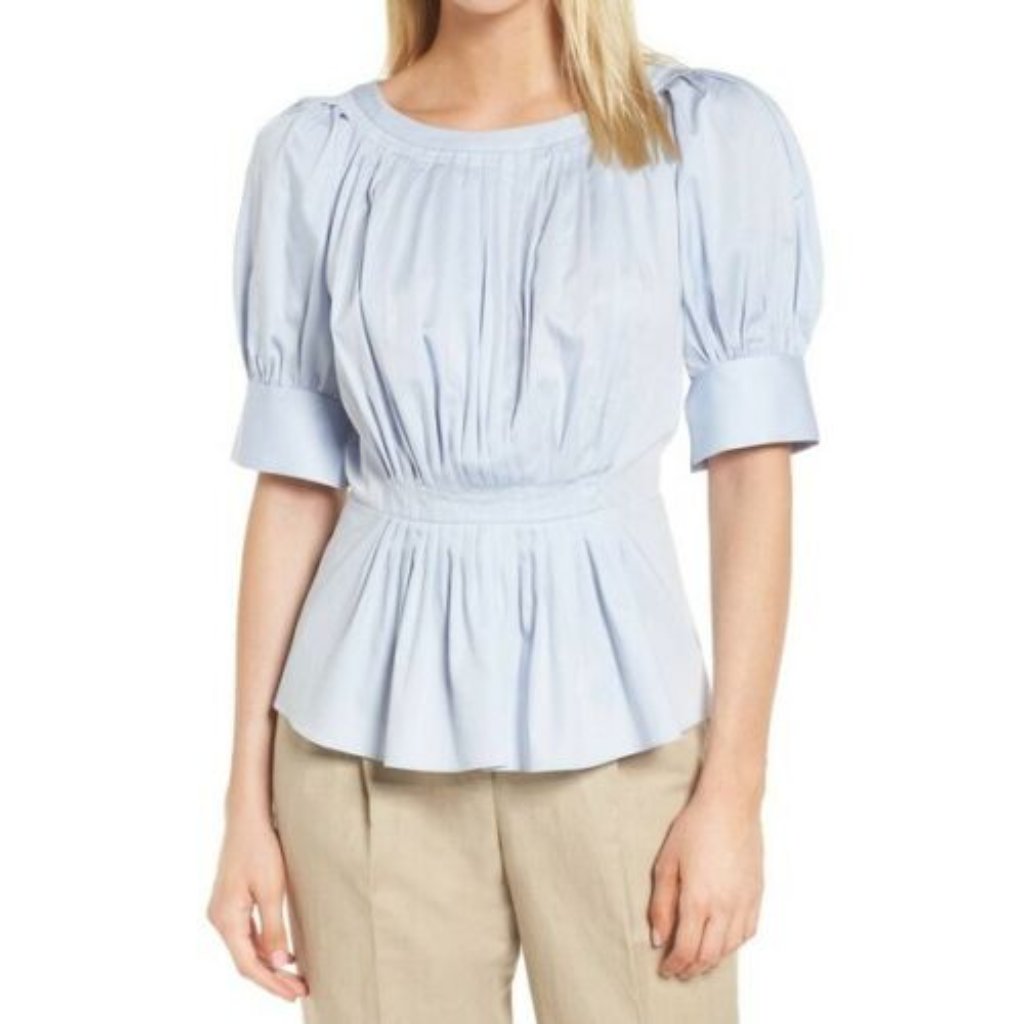 Lewit Blue Pleated Puff-Sleeve Peplum Blouse Xs